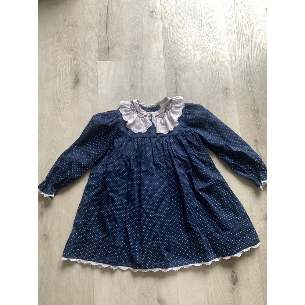 Polly Flinders Vintage Navy Polka Dot Dress Embroidered Ruffle Collar Kids T-4